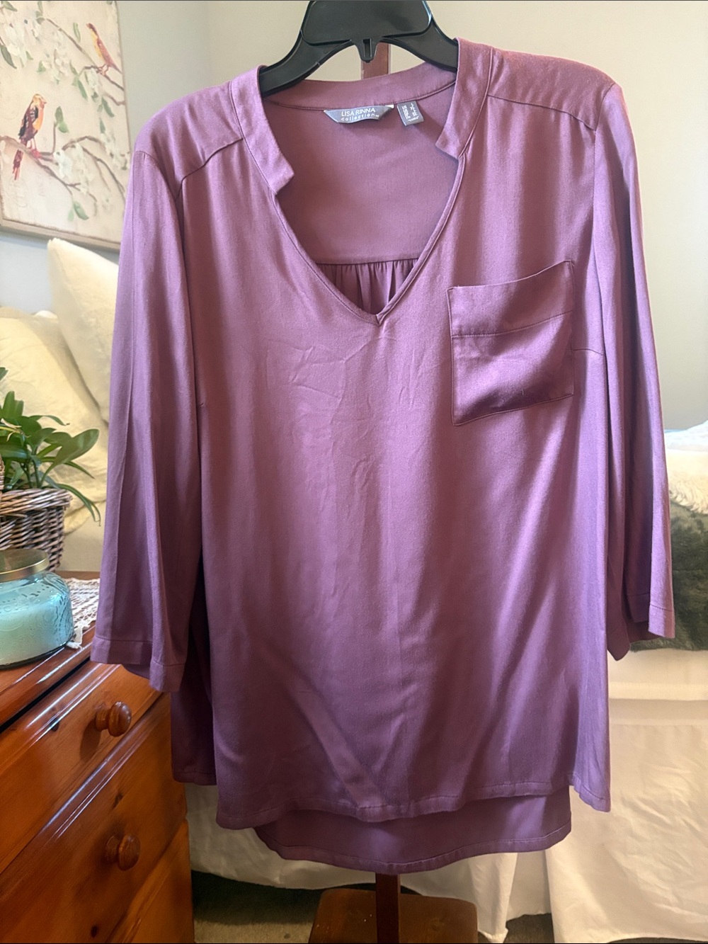 Lisa Rinna Collection Mauve V-Neck Pocket Blouse